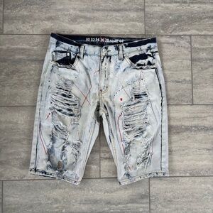Denim House Men’s Light Wash Distressed Painted‎ Dirt Denim Shorts Size 36